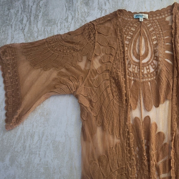 Rebellion Crochet Lace Midi Duster Cardigan  | Size Medium | Color Carmel - Picture 2 of 4